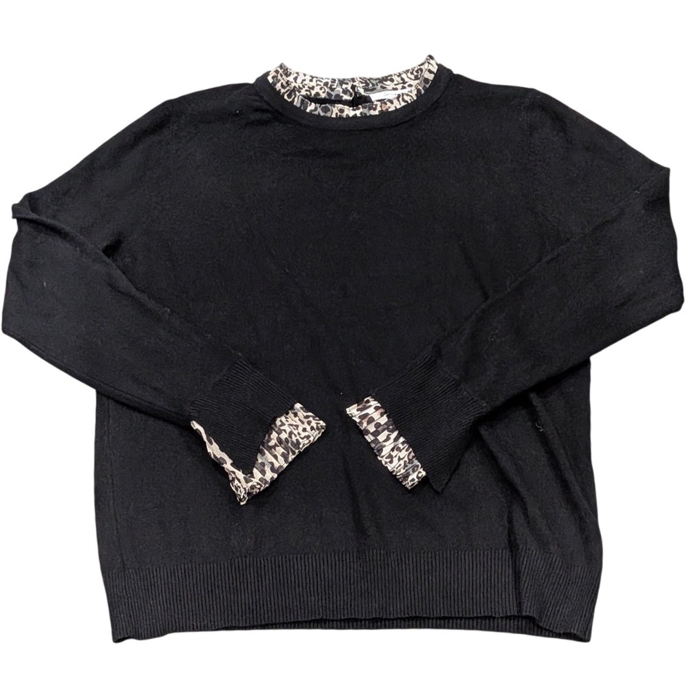 SIANI Milano XL Blk Crewneck Sweater Leopard Print Cuffs Office Chic Soft PrepPy